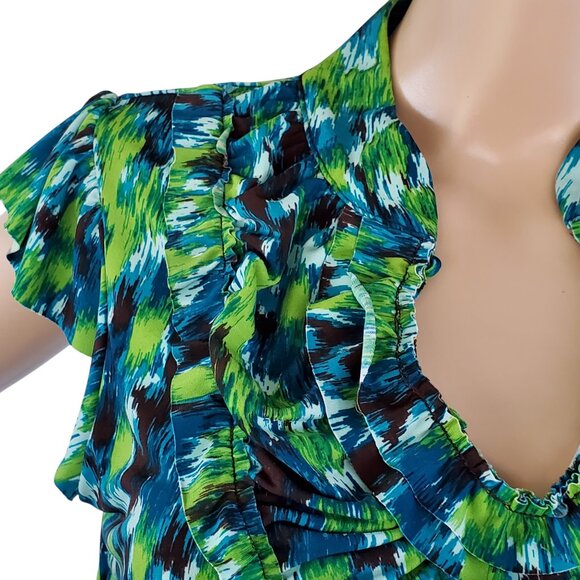 Heart Soul Blouse Top Women's Large Blue Green Ruffle Knit Stretch Cap Sleeves - Picture 9 of 13